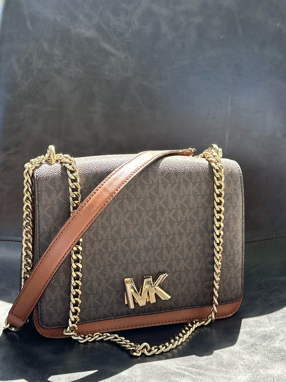 Michael Kors Mott Brown Monogram MK Chain Shoulder Bag